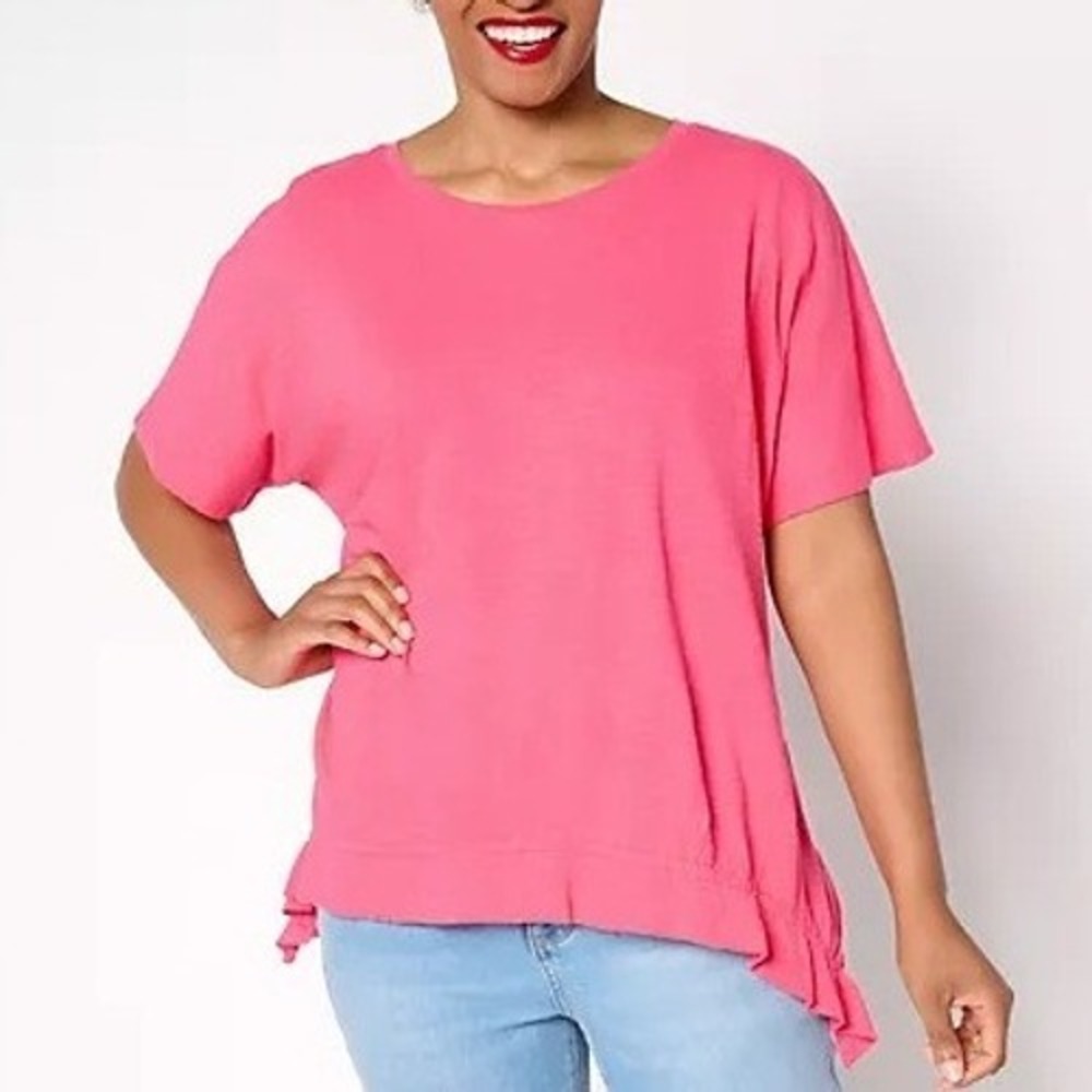 LOGO by Lori Goldstein Small Honeysuckle Pink‎ Cotton Ruched Hem Top A697242